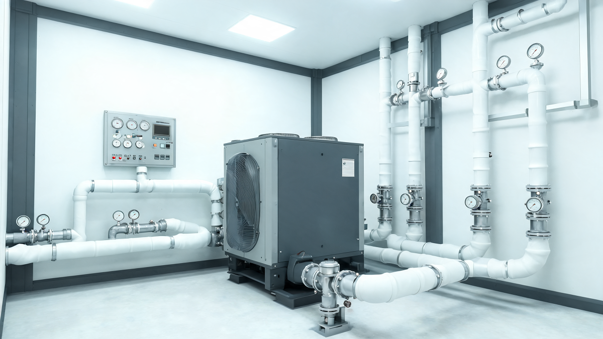Module hydraulique de pompe à chaleur et réseau de tuyauteries dans un local technique tertiaire