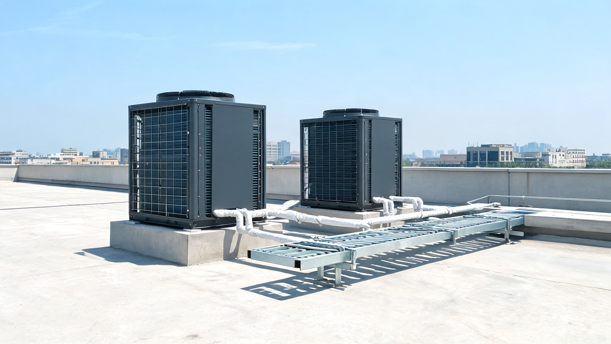 Unités extérieures d'une pompe à chaleur réversible installées en toiture d'un immeuble de bureaux en été