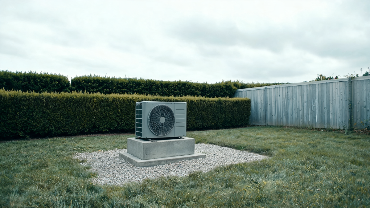 Groupe extérieur de climatisation posé dans un jardin, à distance de la clôture mitoyenne