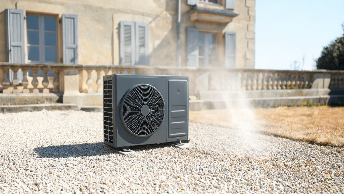 Unité extérieure de pompe à chaleur en plein soleil d'été, dégagement ventilé autour de l'appareil