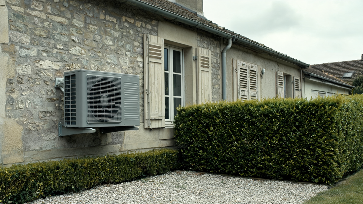 Unité extérieure de pompe à chaleur air/air fixée sur la façade d'une maison ancienne