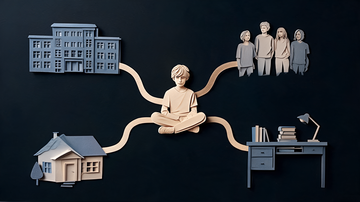 Carte illustrée des univers de l'adolescent, école, amis, famille et espace personnel