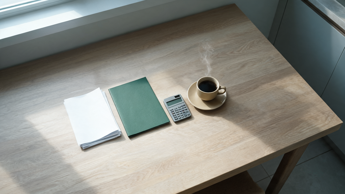 Devis de rénovation, dossier de prêt bancaire et calculatrice posés sur une table de cuisine