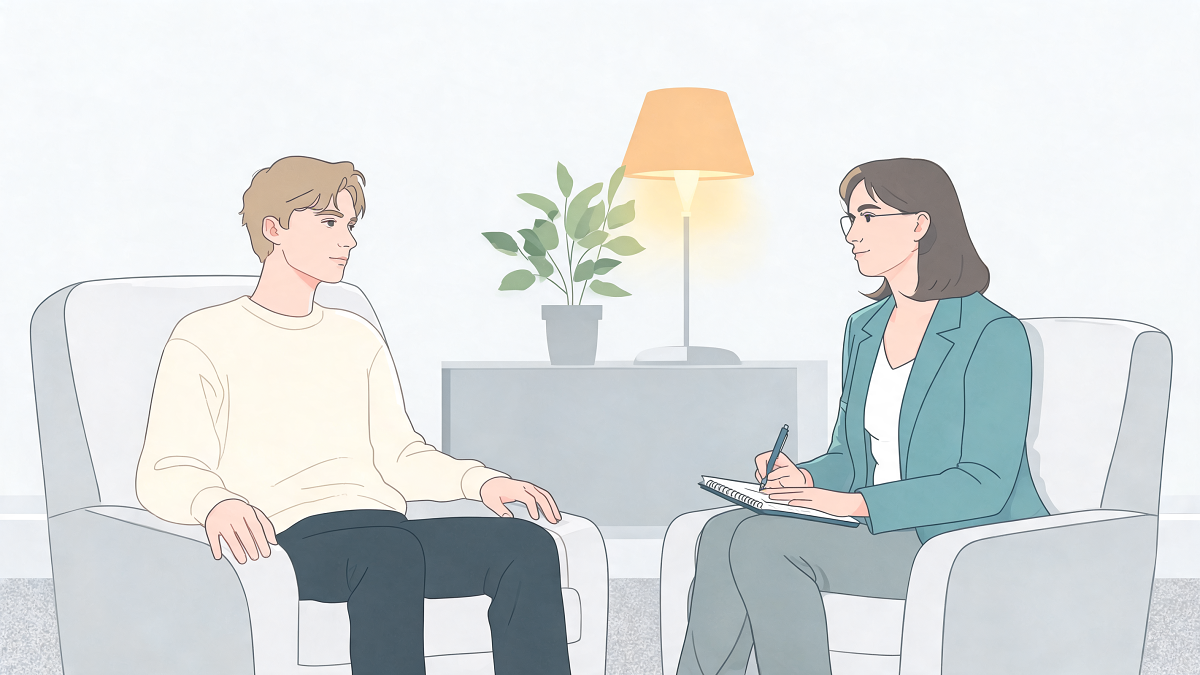 Illustration d'un premier rendez-vous entre un jeune adulte et un psychologue dans un cabinet