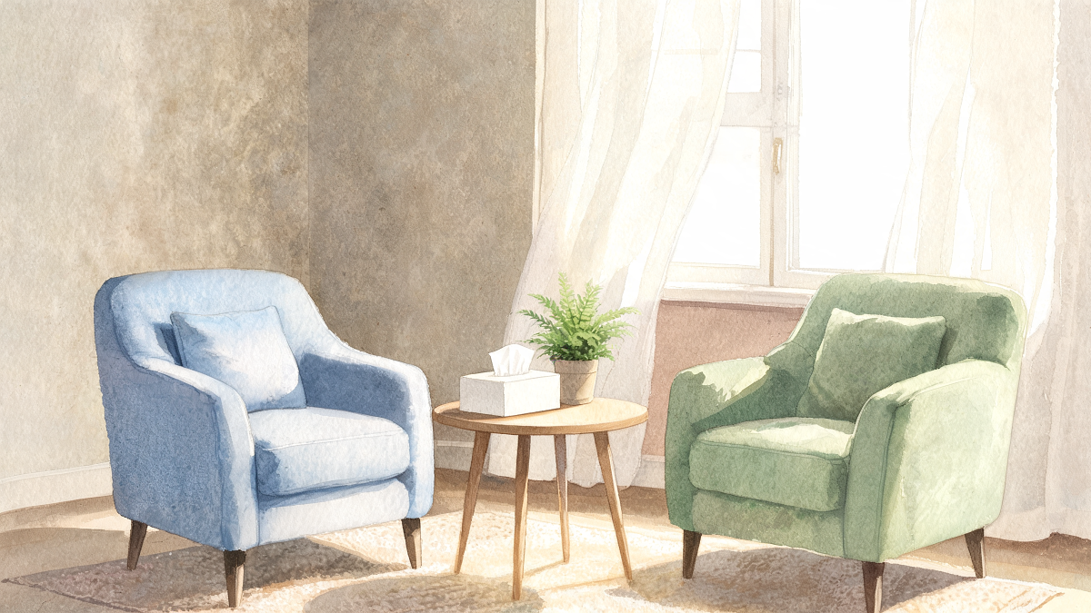 Illustration aquarelle d'un cabinet de consultation avec deux fauteuils face à face, symbole du parcours de soin en France