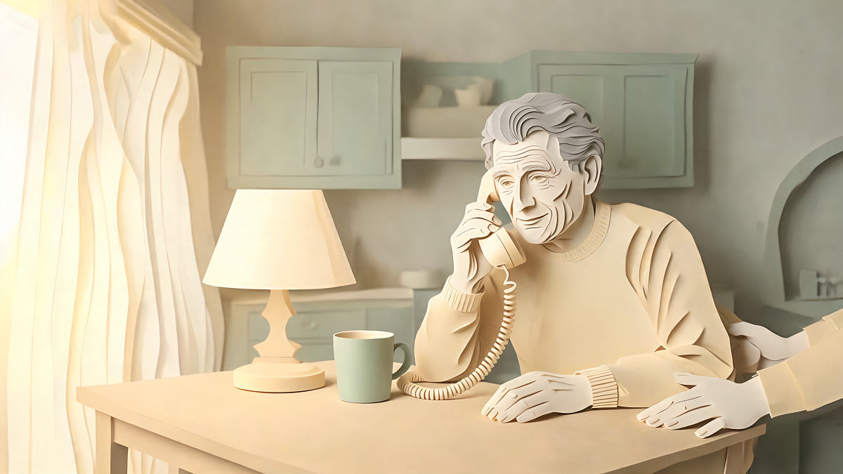 Illustration d'un homme âgé au téléphone dans sa cuisine, accompagné par un proche