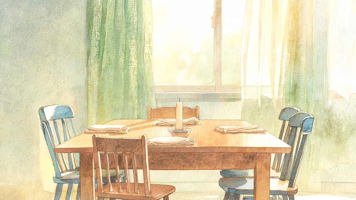 Illustration aquarelle d'une table familiale entourée de chaises vides de tailles différentes