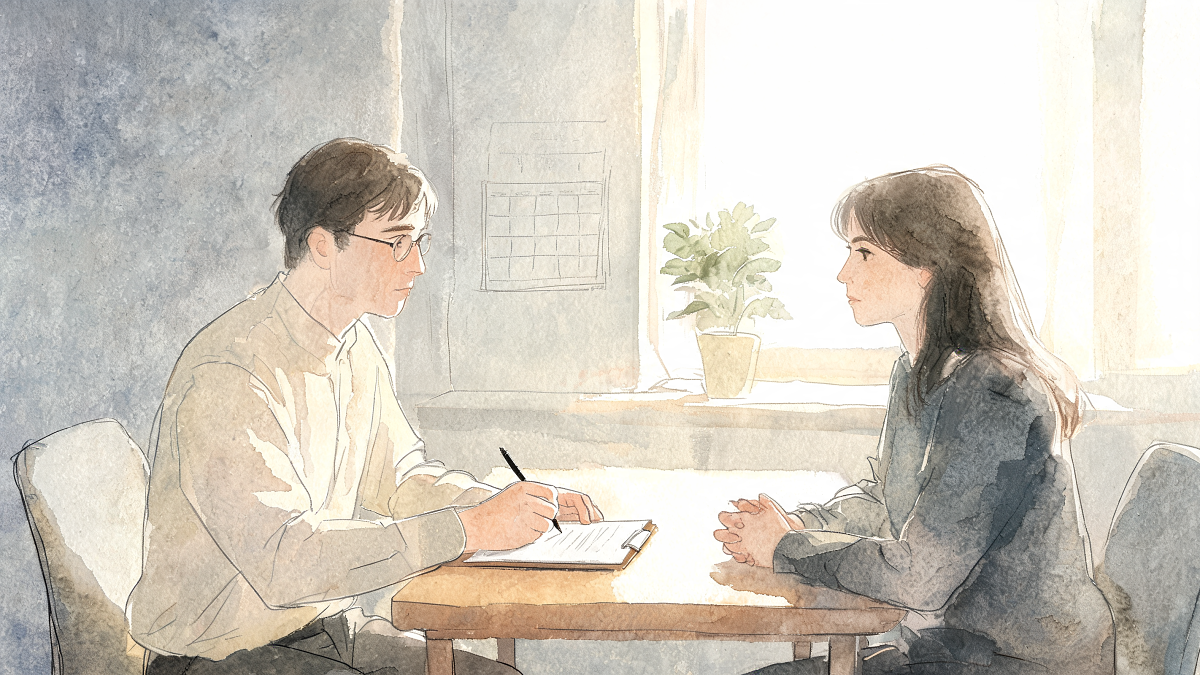 Consultation entre un patient et un psychologue, illustration à l'aquarelle