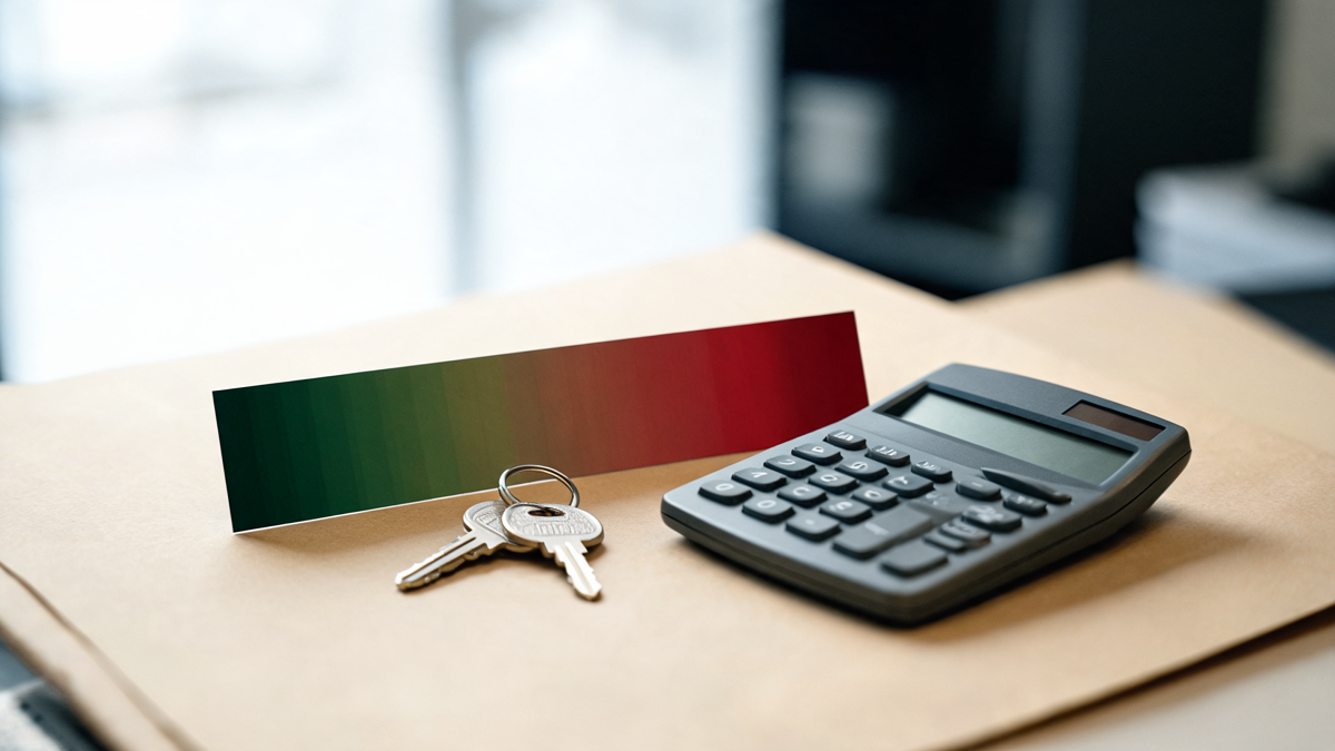 Clés de maison et calculatrice posées près d'une échelle de couleurs représentant les classes DPE