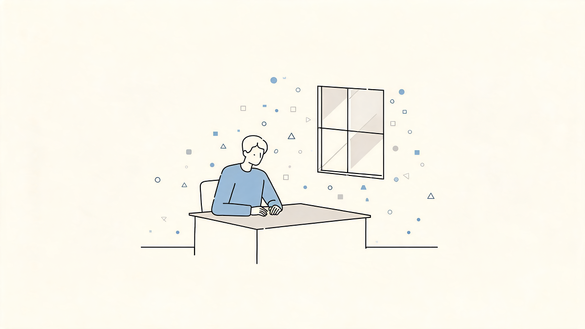 Illustration au trait d'une personne assise à un bureau entourée de formes géométriques évoquant le bruit et l'attention