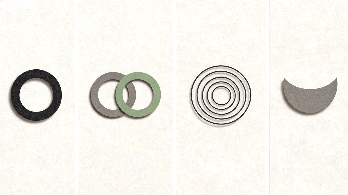 Illustration en papier découpé comparant quatre approches de la troisième vague par des motifs géométriques