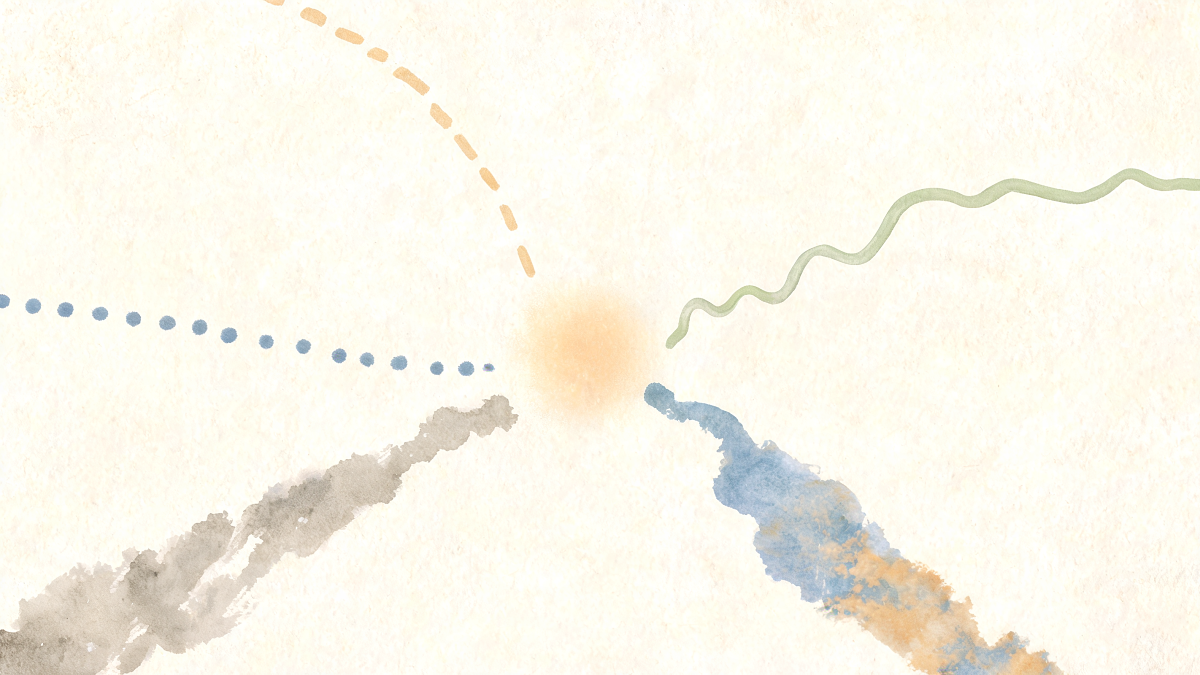 Cinq chemins peints convergeant vers un point lumineux, illustration des cinq approches humanistes