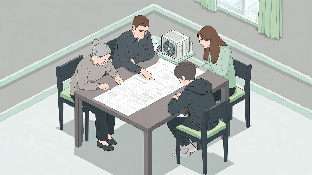Illustration isométrique d'un conseil syndical examinant l'échéancier de travaux et une pompe à chaleur collective