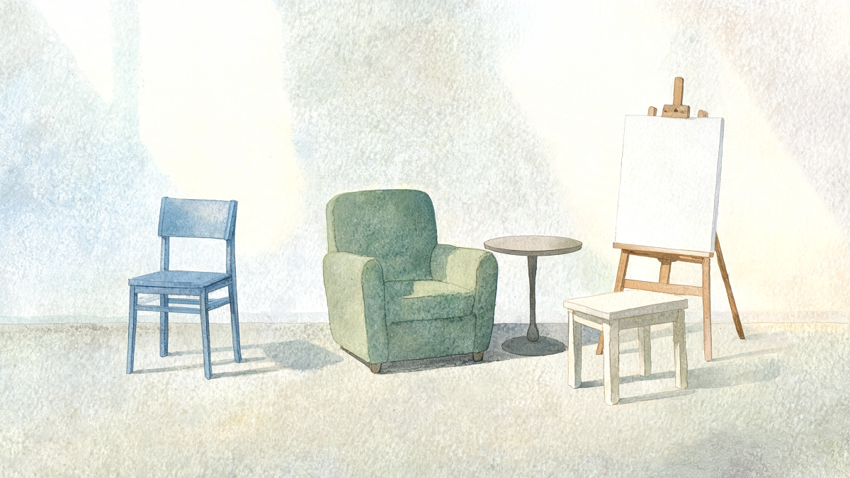 Trois chaises vides représentant le cadre de groupe, le cadre individuel et l'atelier d'art-thérapie