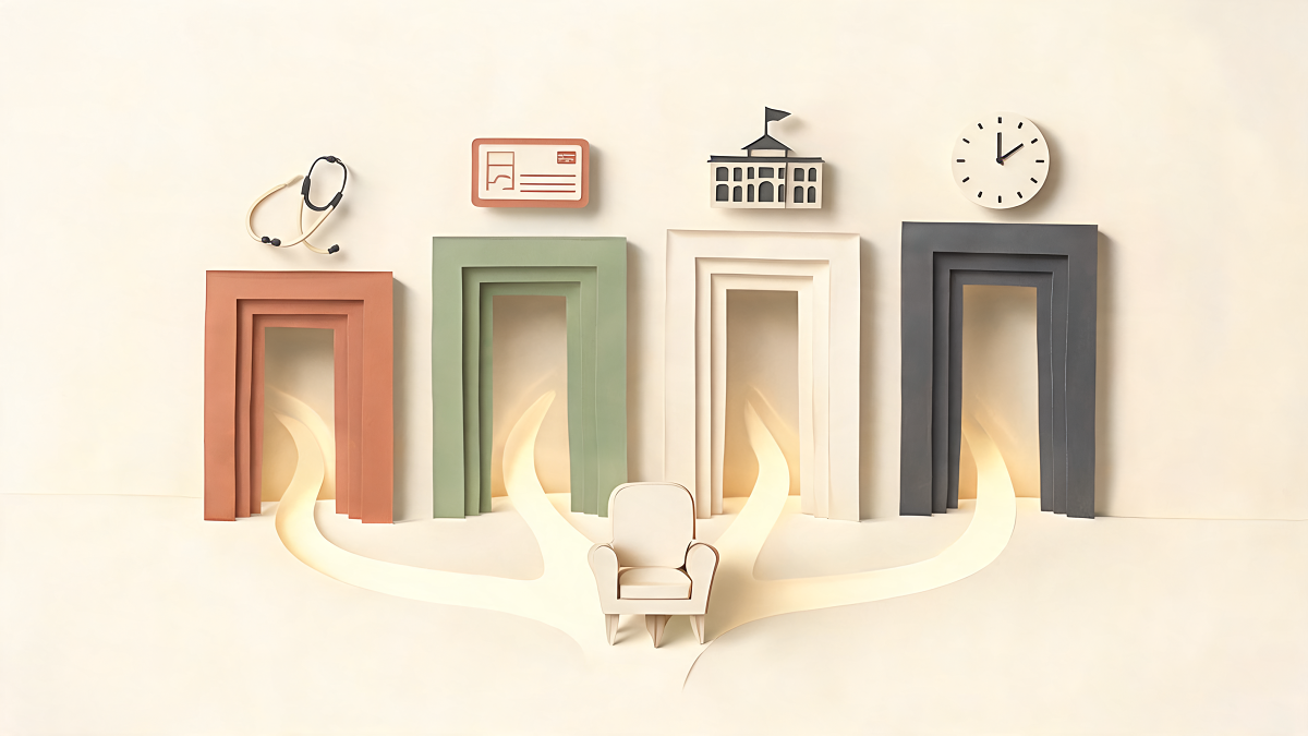 Quatre portes d'entrée vers une consultation de psychologue en France, illustration en papier découpé