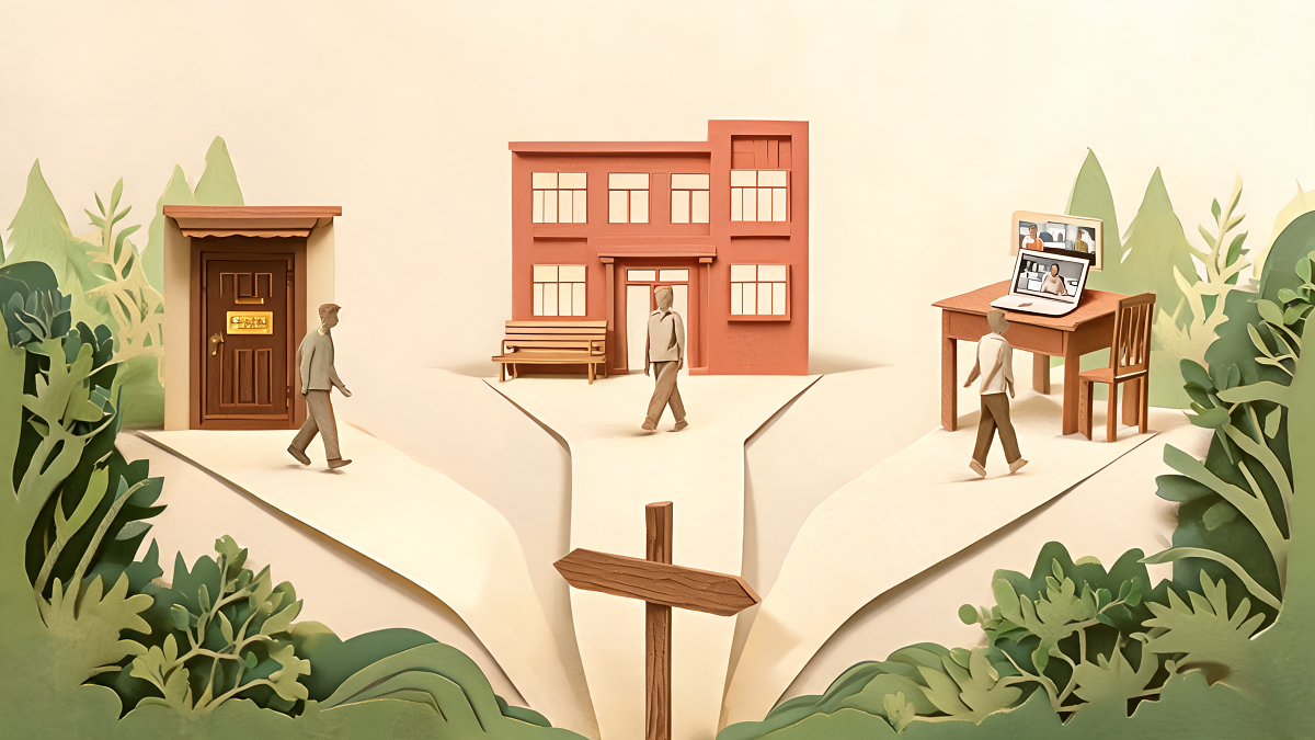 Illustration des trois voies d'accès à un psychologue en France : cabinet libéral, centre médico-psychologique et consultation à distance