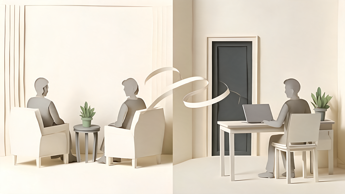 Comparaison illustrée entre un cabinet de psychologue et un espace de séance à distance au domicile