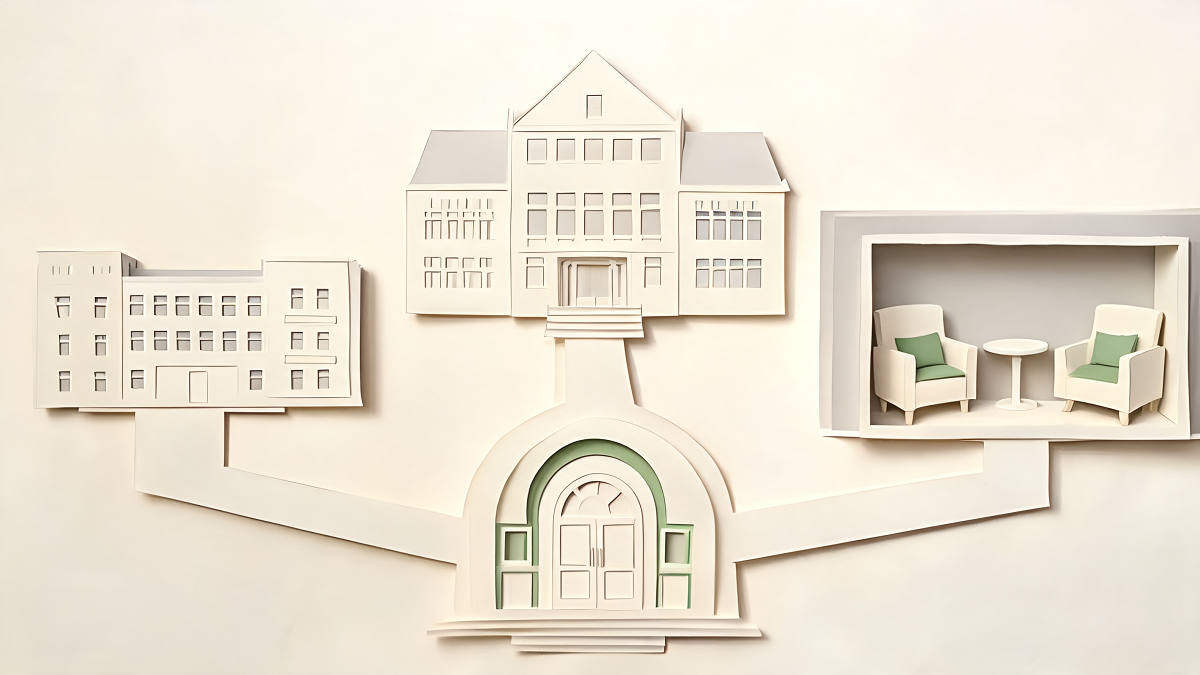 Illustration des trois parcours menant au métier de psychologue : hôpital, école et cabinet libéral