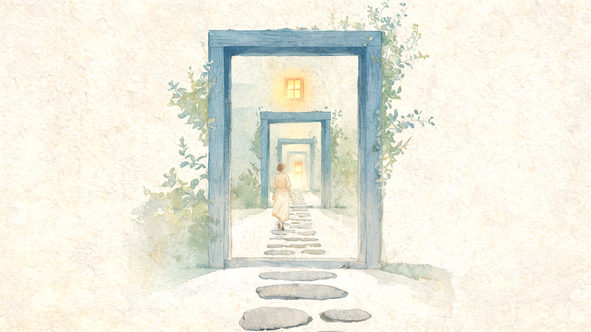 Illustration aquarelle de portes ouvertes successives menant vers la lumière, image du parcours de soin face au risque suicidaire