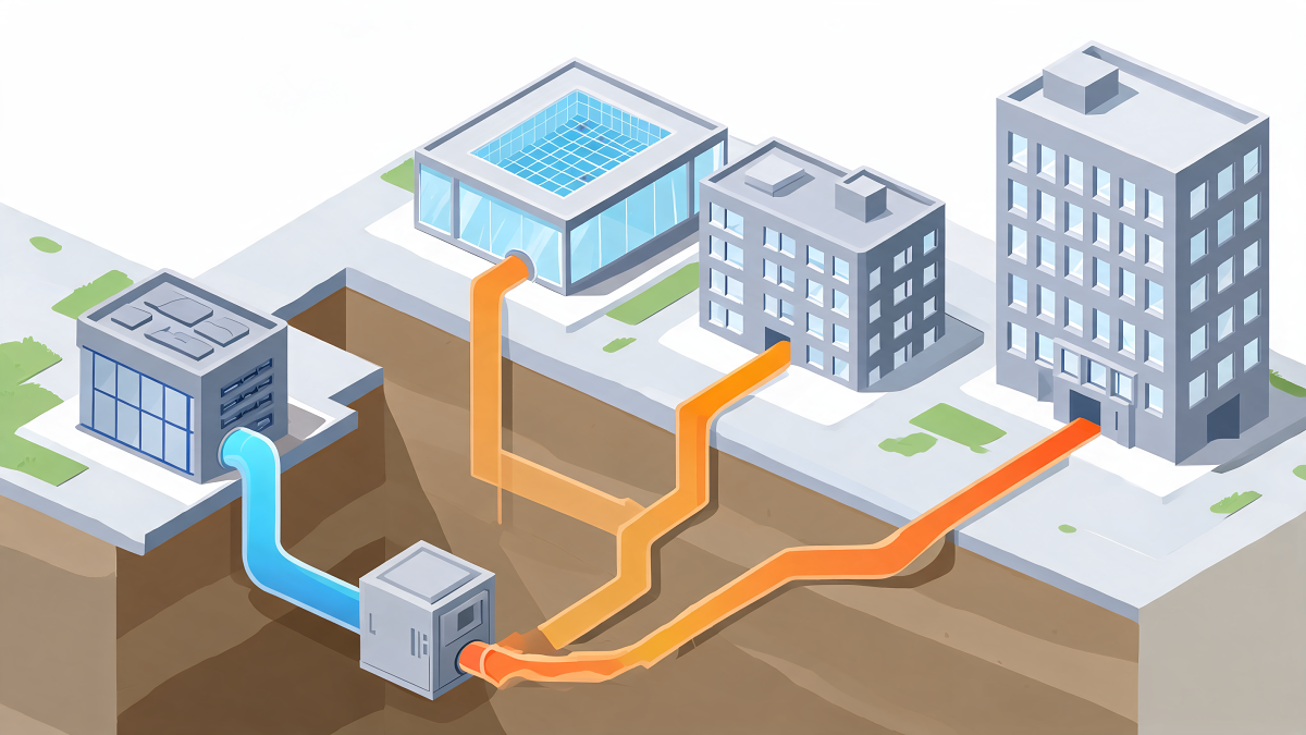 Illustration isométrique d'un réseau de chaleur urbain alimenté par un centre de données