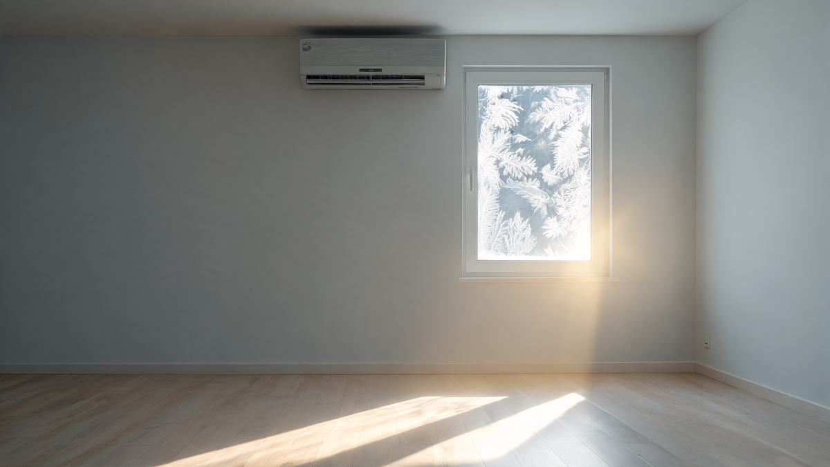Split mural de climatisation réversible dans un séjour, lumière d'hiver et fenêtre givrée