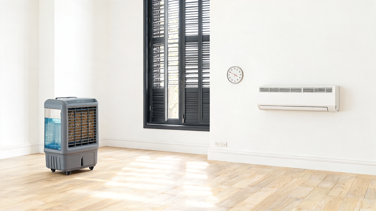 Rafraîchisseur évaporatif et unité de pompe à chaleur réversible côte à côte