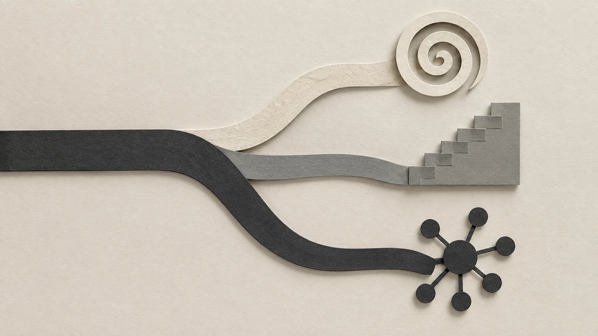 Illustration en papier découpé montrant une ligne de temps qui se divise en trois chemins distincts