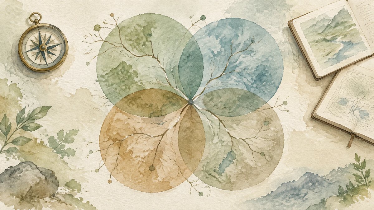 Carte aquarellée de quatre cercles entrelacés figurant les grands courants de la psychologie