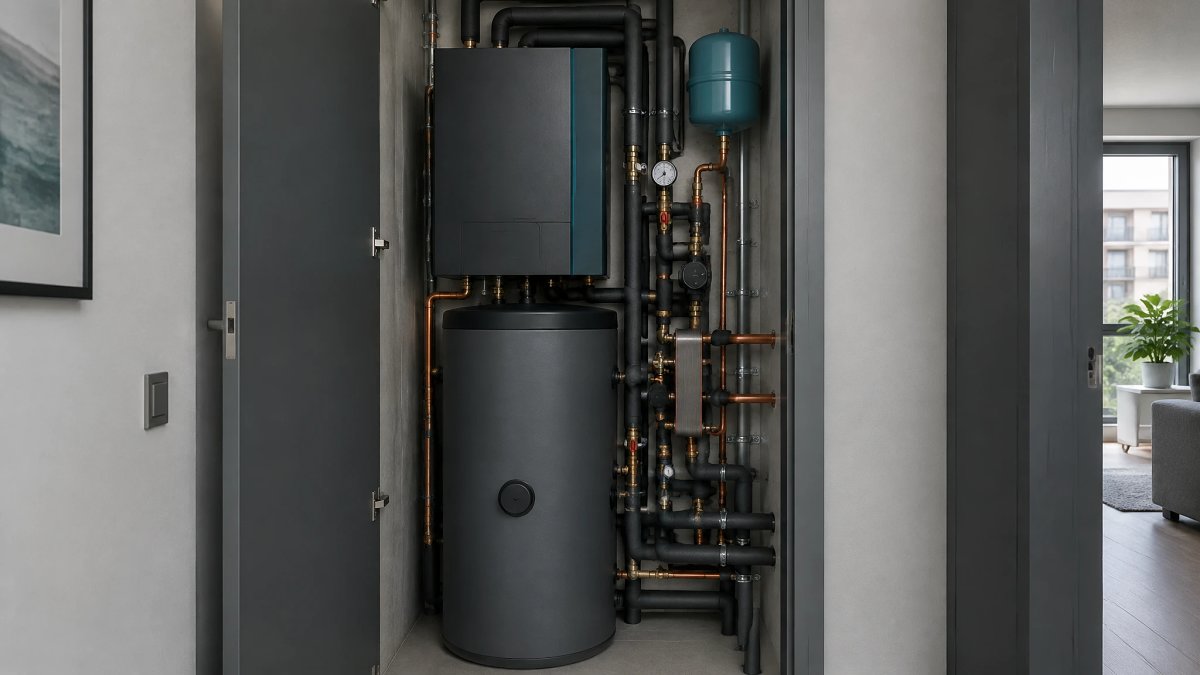Pompe à chaleur eau/eau et ballon d'eau chaude installés dans le placard technique d'un appartement