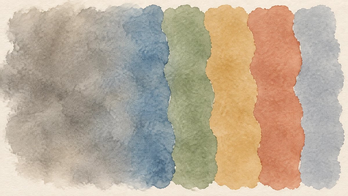 Illustration aquarelle d'un lavis gris se séparant en six bandes de couleurs distinctes, image de la granularité émotionnelle