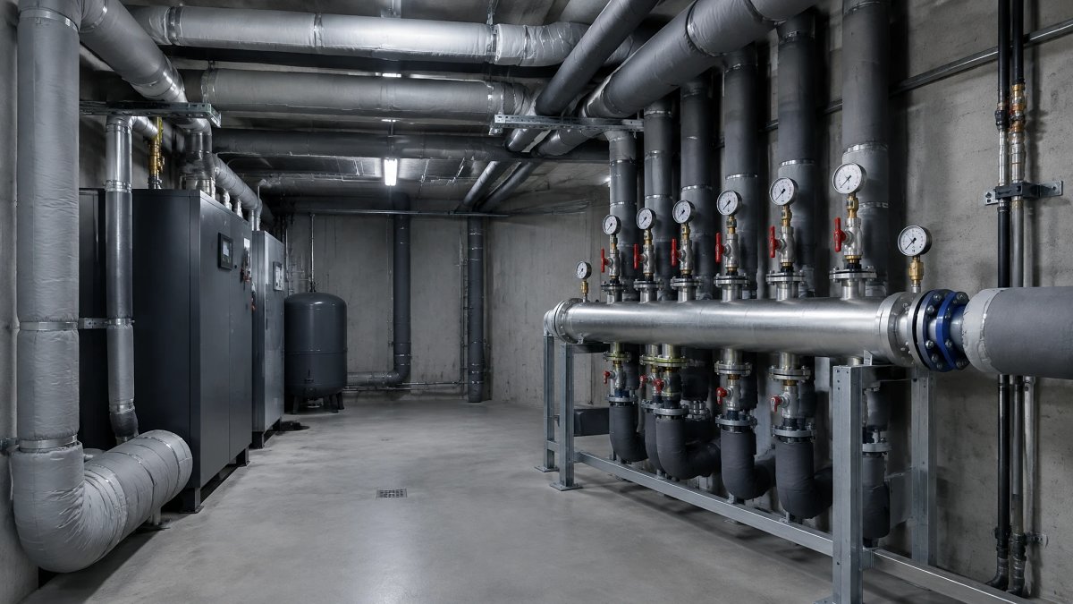 Chaufferie collective et réseau de distribution de chauffage dans le sous-sol d'un immeuble en copropriété