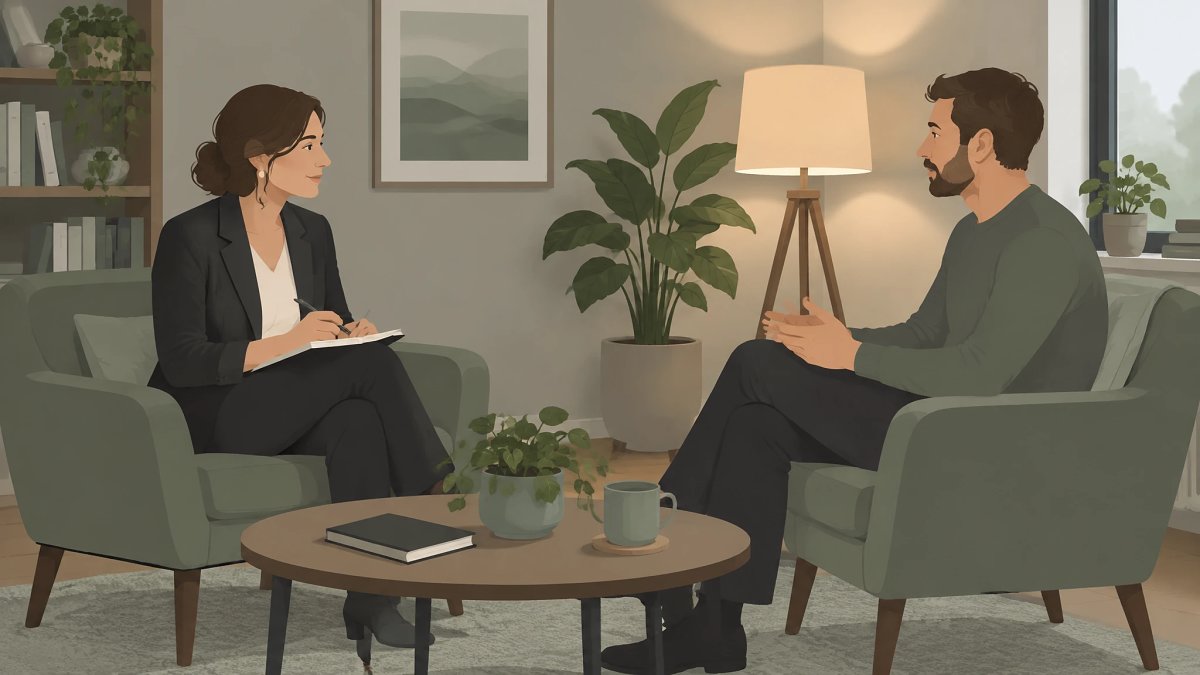 Consultation apaisée entre une psychologue et un patient dans un cabinet lumineux