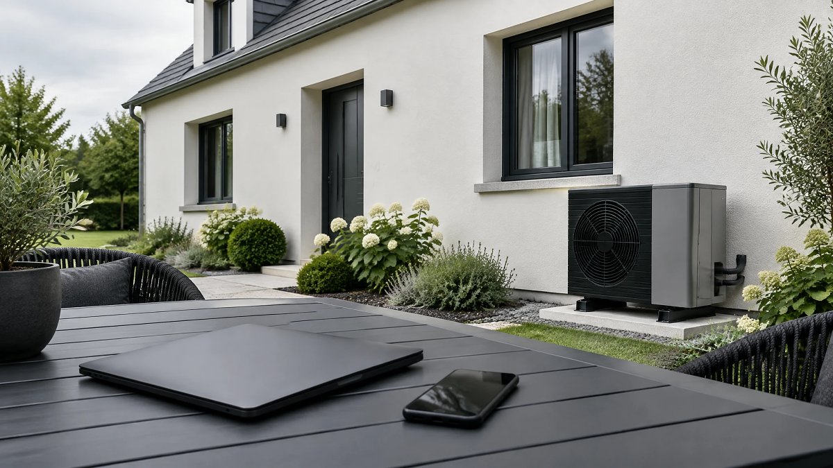 Maison rénovée avec pompe à chaleur air-eau et ordinateur pour le compte France Rénov'