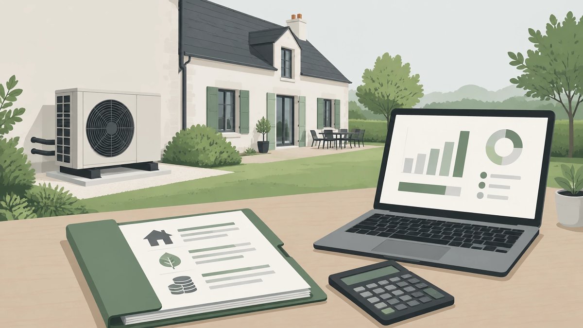 Pompe à chaleur air/eau devant une maison et dossier de calcul des aides et du reste à charge