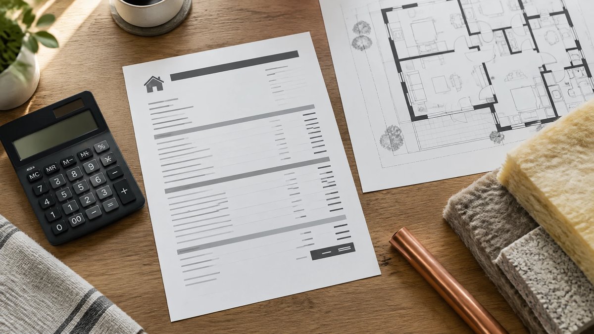 Devis de rénovation détaillé, calculatrice, plan de maison et échantillons d'isolant sur une table