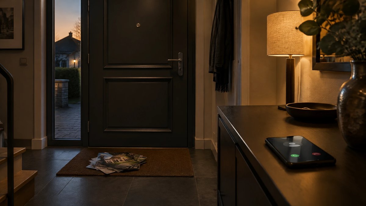 Entrée de maison avec prospectus non sollicités et smartphone affichant un appel entrant
