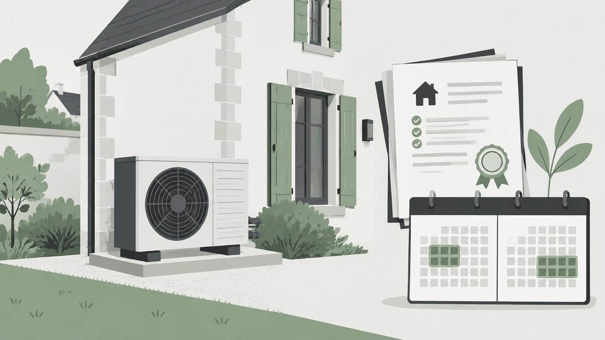 Pompe à chaleur air/eau installée devant une maison rénovée, à côté des pièces justificatives d'un dossier d'aides