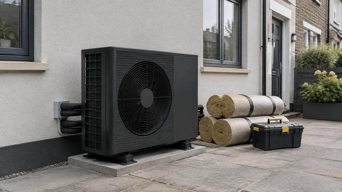 Pompe à chaleur air/eau installée contre le mur d'une maison de ville louée