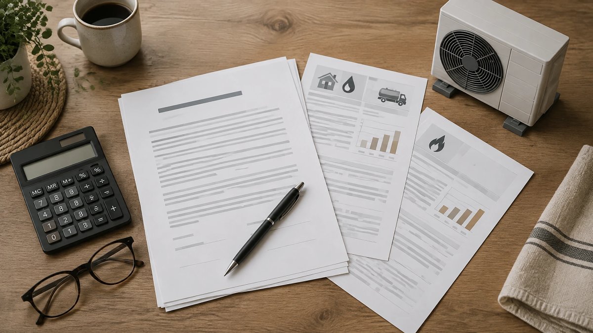 Contrat, factures de chauffage et calculatrice posés sur une table pour comparer une offre de pompe à chaleur