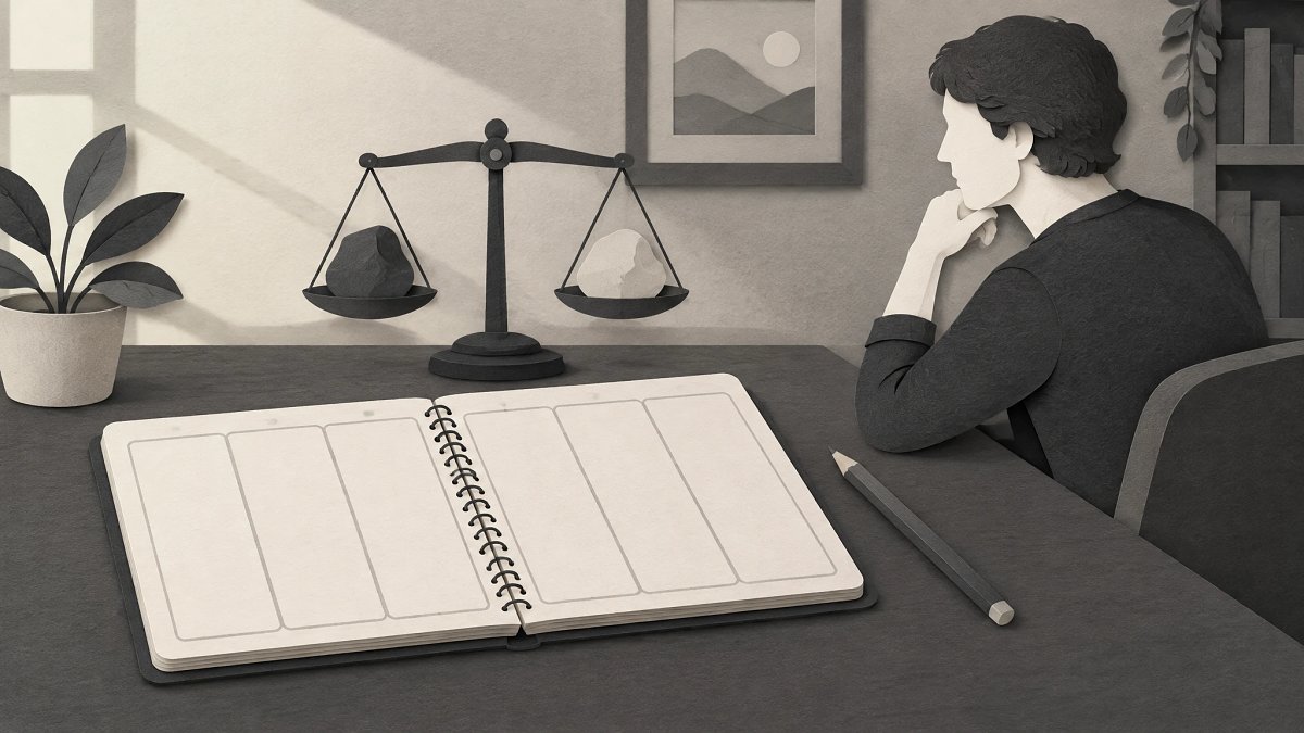 Carnet à cinq colonnes et balance de papier illustrant l'examen des faits pour et contre une pensée