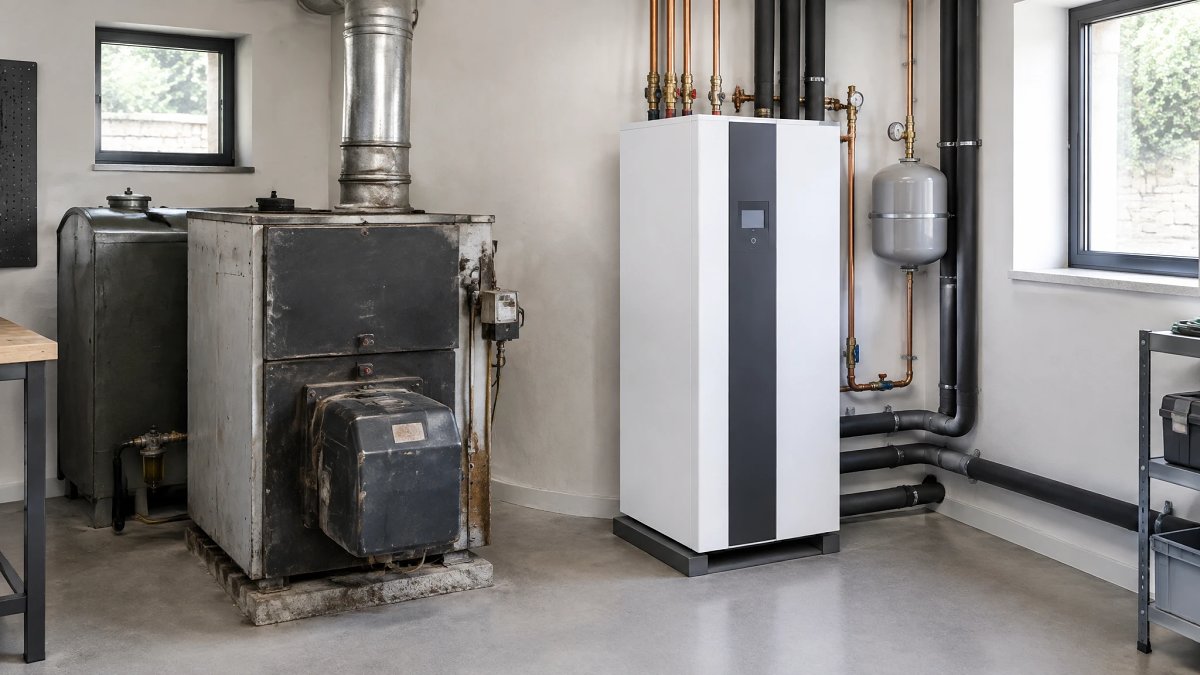 Chaudière au fioul remplacée par le module hydraulique d'une pompe à chaleur air-eau dans une maison