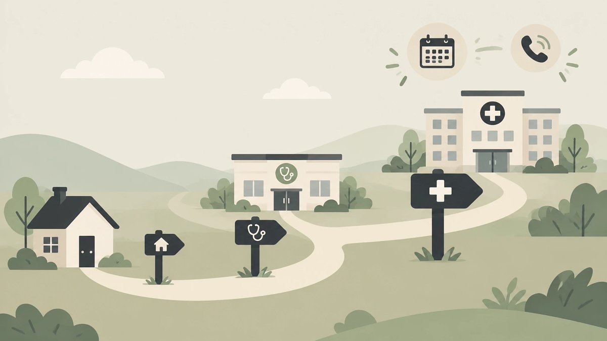 Chemin balisé du domicile au cabinet médical puis à l'hôpital, image du parcours de soin gradué