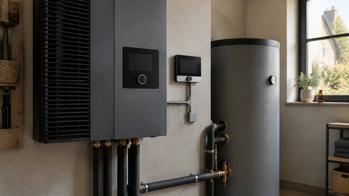 Panneau de commande d'une pompe à chaleur et thermostat connecté près d'un ballon d'eau chaude