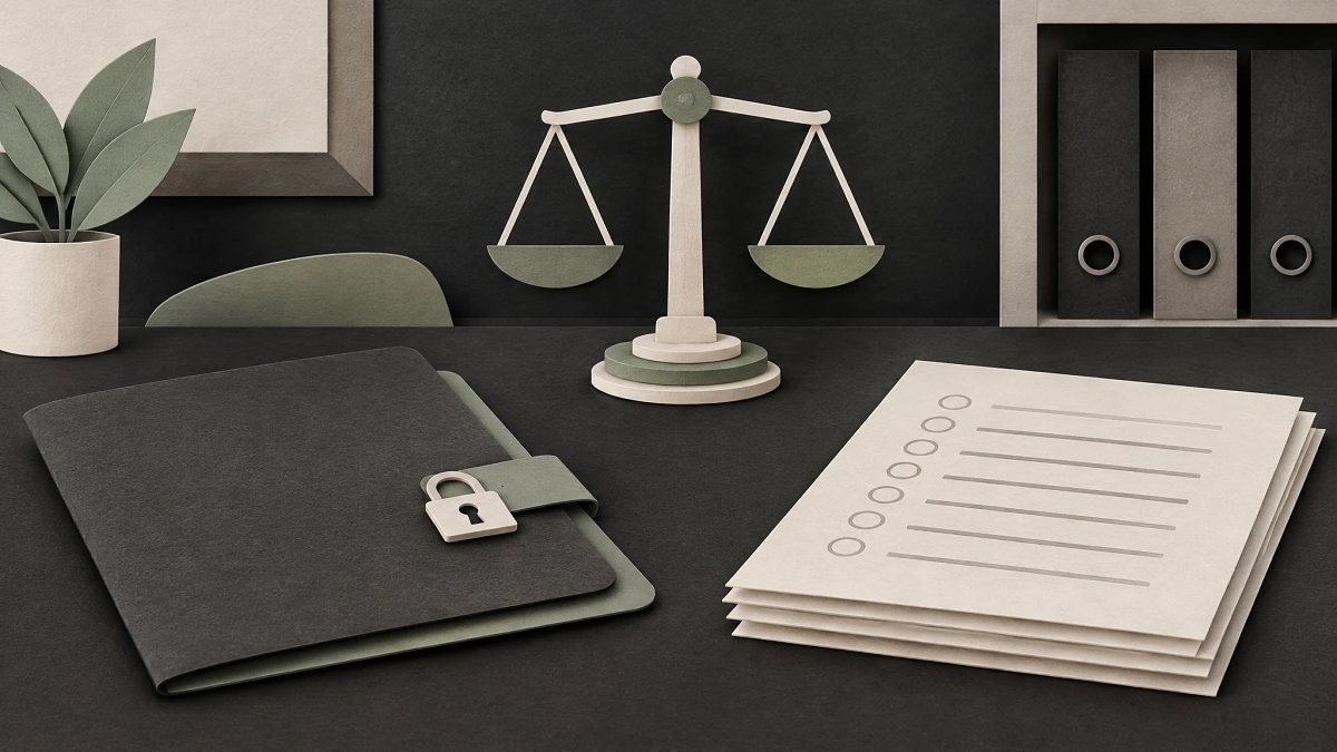 Dossier de candidature fermé par un cadenas à côté d'une balance en papier, symbole de la confidentialité des tests en recrutement