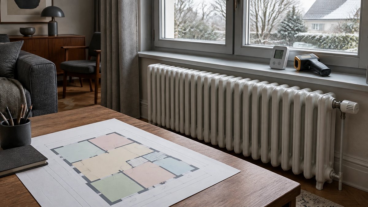 Radiateur en fonte sous une fenêtre et plan de maison annoté pièce par pièce pour le calcul des déperditions