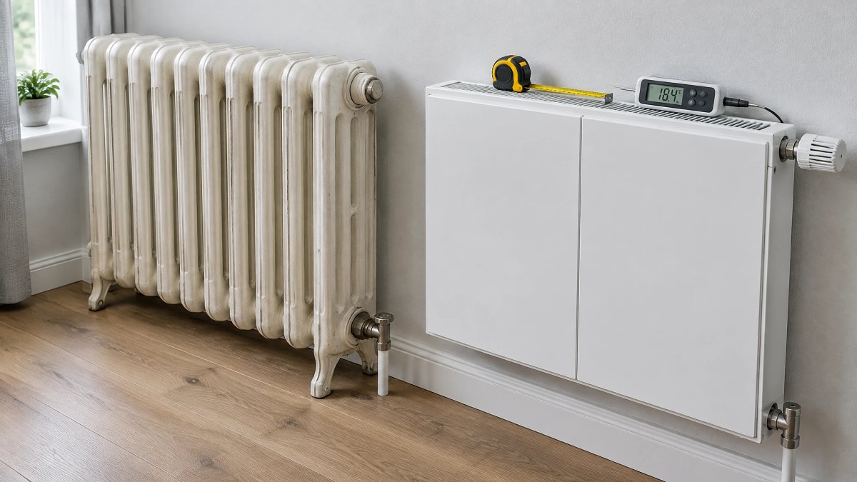 Radiateur en fonte à éléments à côté d'un radiateur double panneau basse température