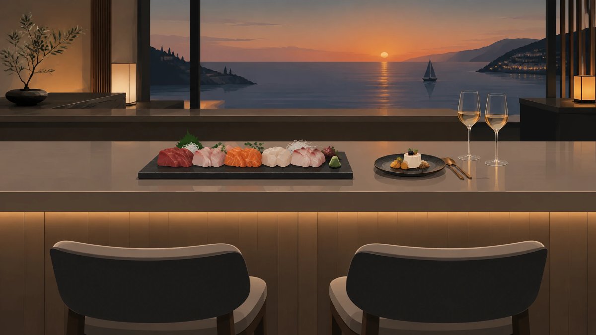 Two empty stools at a sushi counter facing the sea at dusk, one dessert plate with two spoons