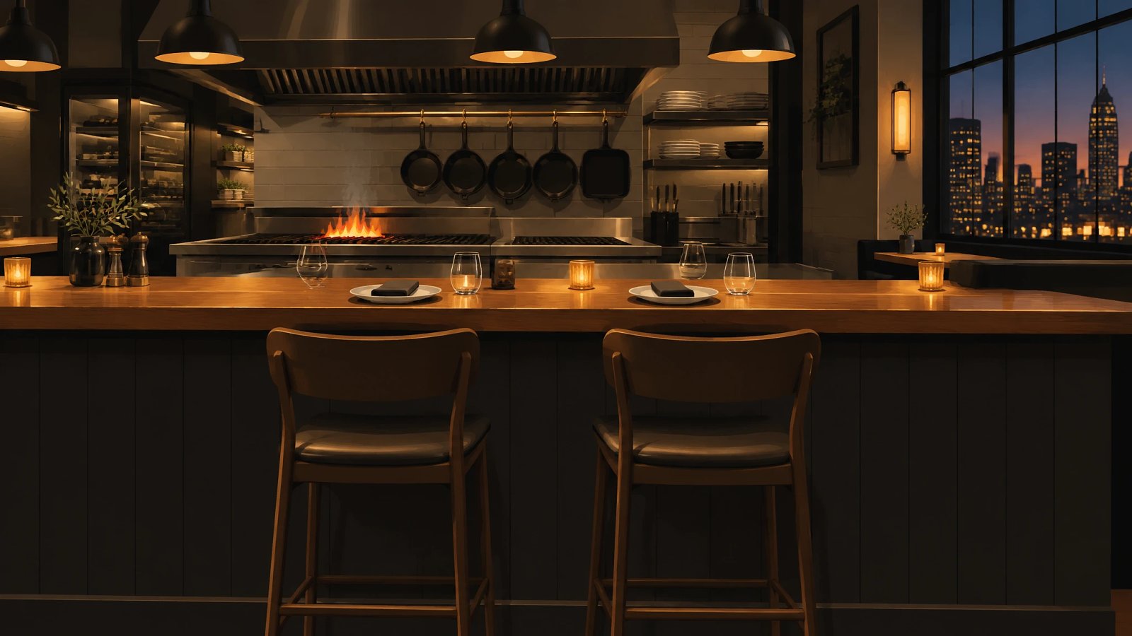 Two stools at a warmly lit kosher restaurant counter in Tel Aviv