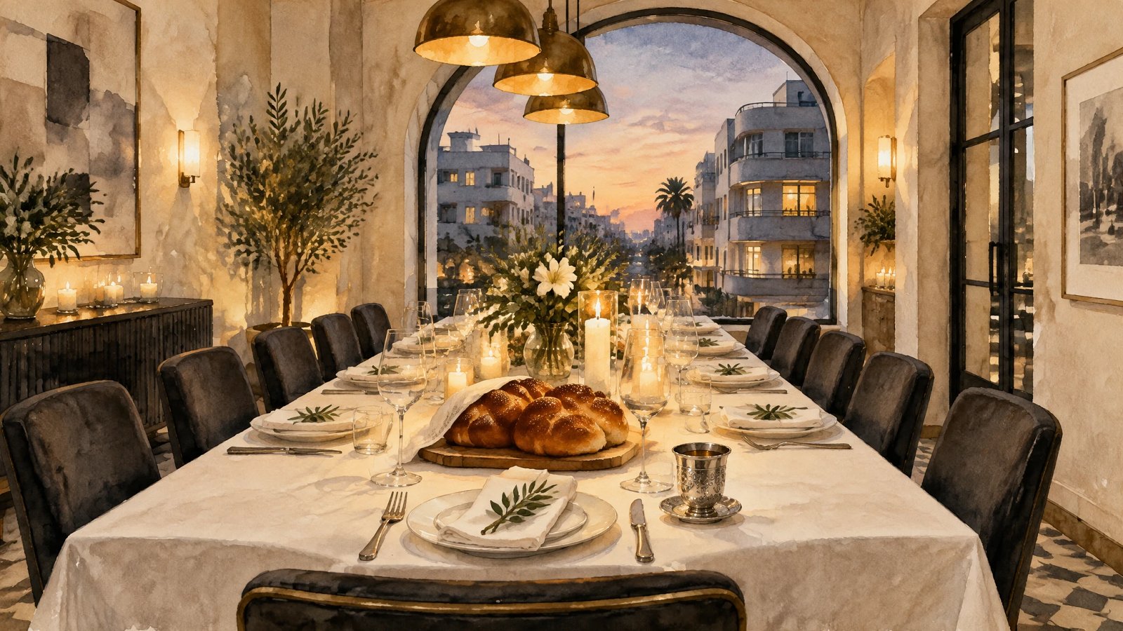 Long dinner table set for a sheva brachot meal in a small Tel Aviv private dining room