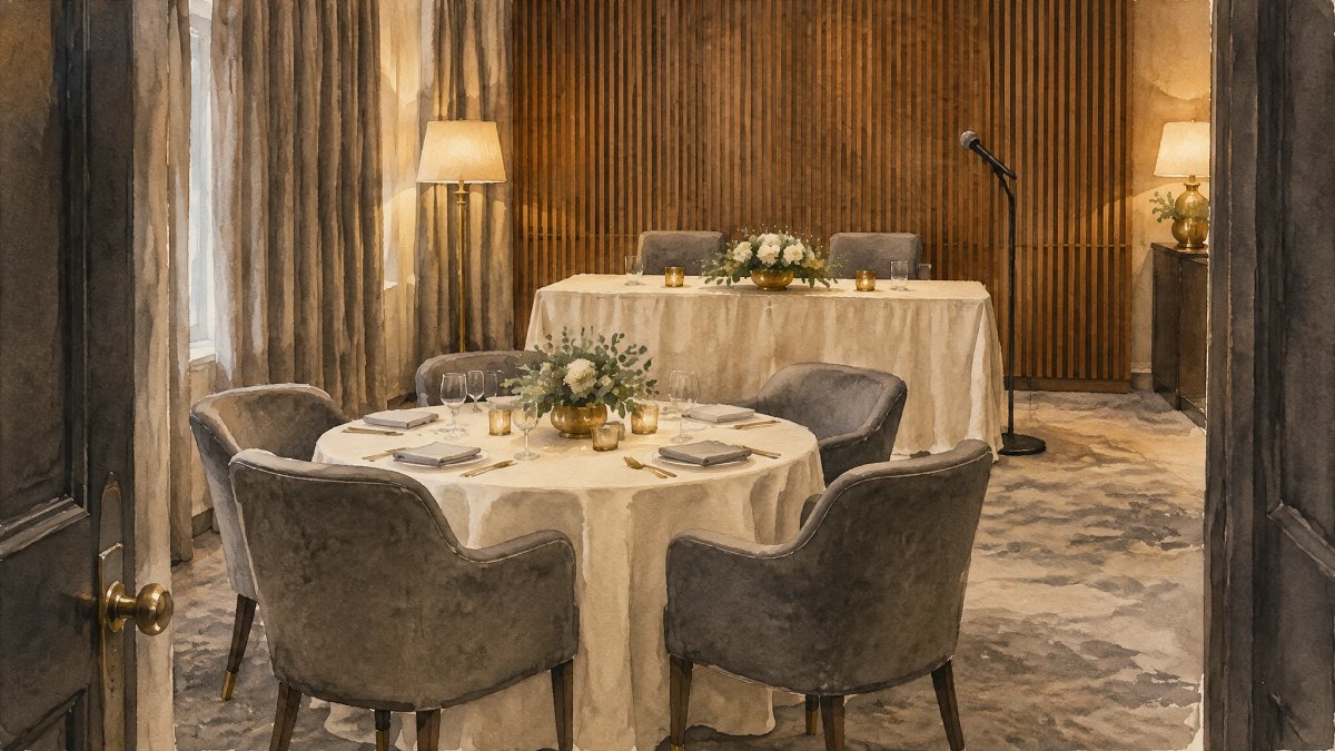 Small private dining room with a head table, a microphone and a facing table with armchairs